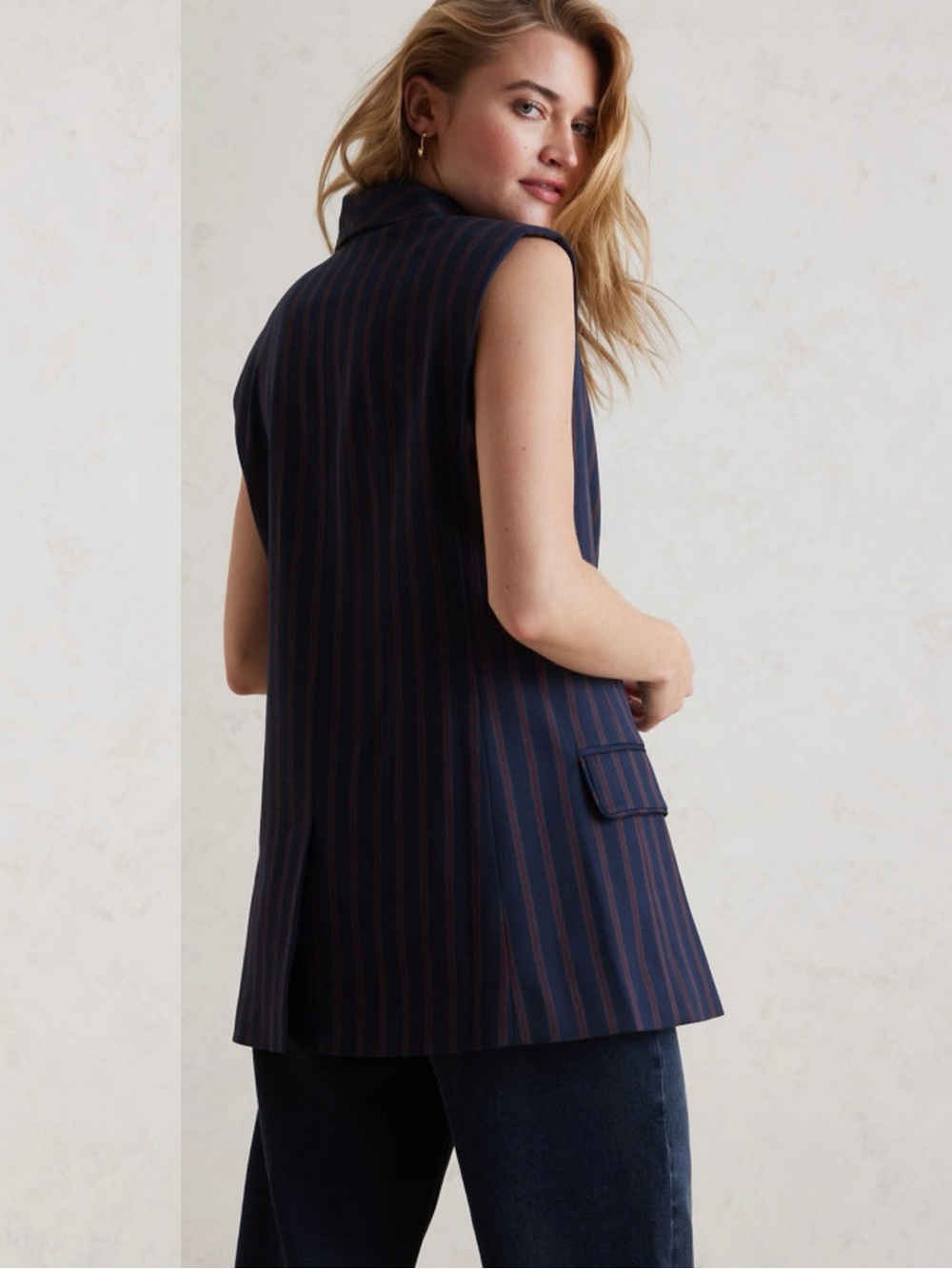 Anthropologie Navy Pinstripe Sleeveless Belted Vest - Picture 2 of 11